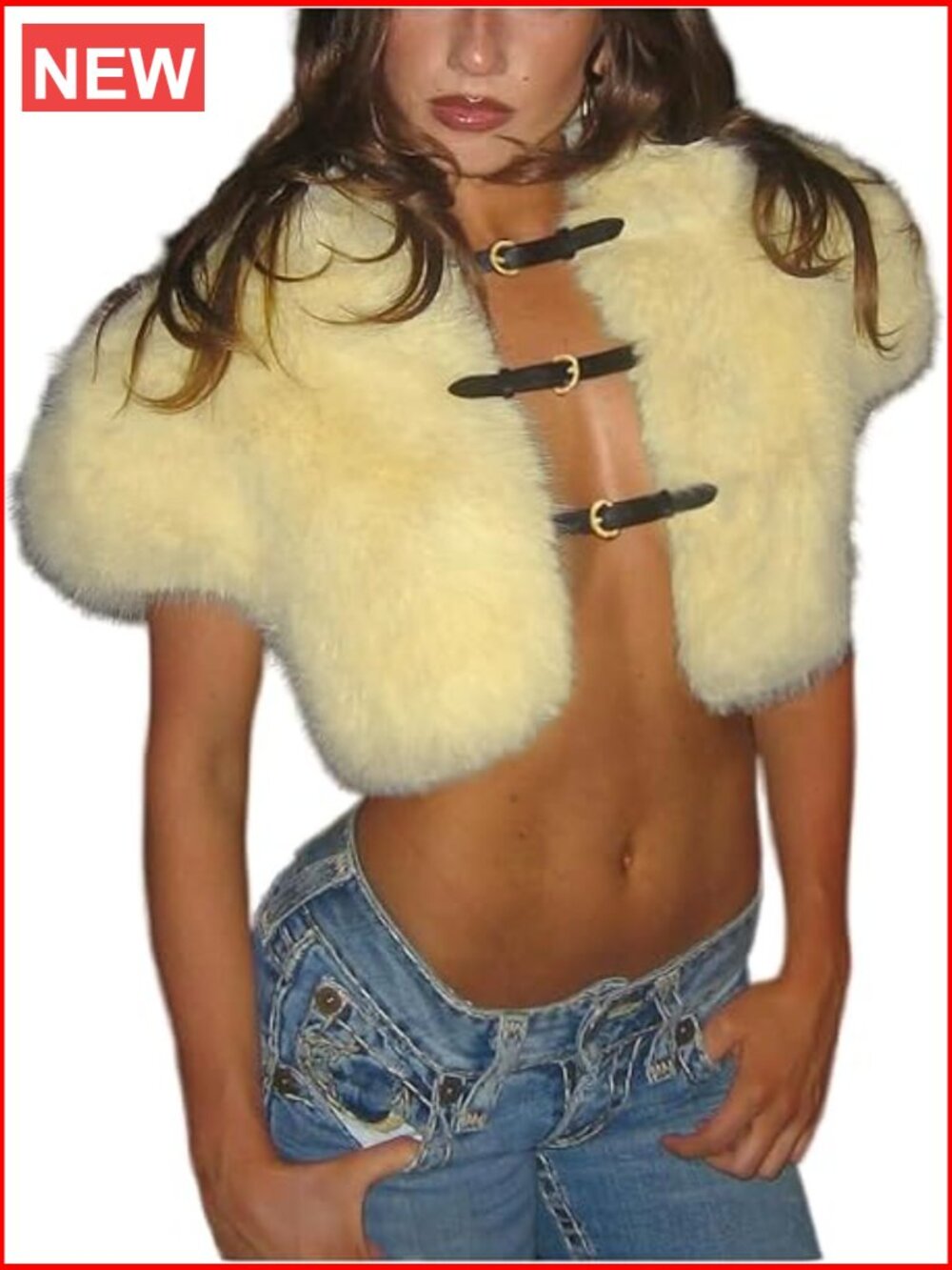 Faux Fur Super Crop Top Buckle Short Sleeve Collared Y2K Jacket Going Out Top - Picture 1 of 5